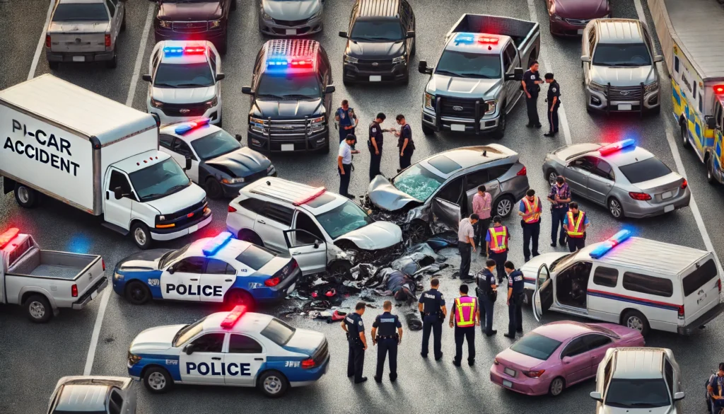 DALL·E 2024 06 16 16.01.44 A multi car accident on a busy highway with several vehicles involved police cars with flashing lights and officers assessing the scene. Drivers are 1 Whose Insurance Pays In a Multi Car Accident?