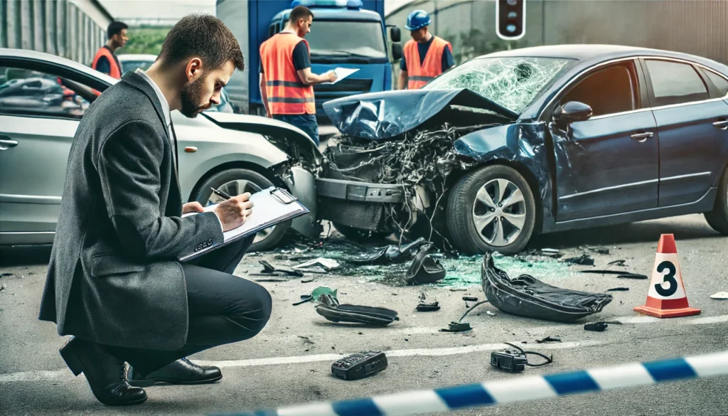 DALL·E 2024 06 16 16.02.00 An image of an investigator at the scene of a multi car accident analyzing the damage and taking notes. Several cars are visibly damaged and the inv 1 Whose Insurance Pays In a Multi Car Accident?