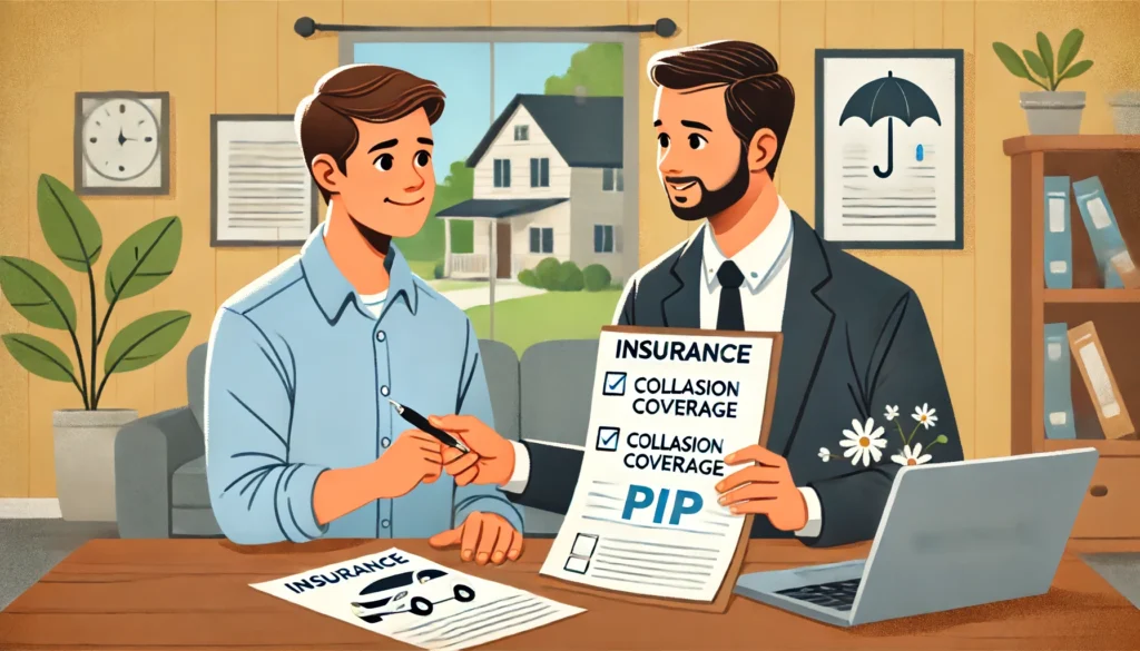 DALL·E 2024 06 16 16.02.14 An image depicting an insurance agent helping a driver at their home. The agent is explaining the details of collision coverage and PIP with the driv 1 Whose Insurance Pays In a Multi Car Accident?