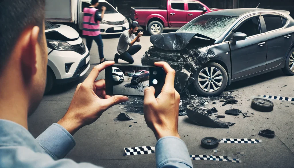 DALL·E 2024 06 16 16.03.08 An image showing a driver taking photos of their damaged car after a multi car accident. The driver is documenting the scene and other vehicles invol 1 Whose Insurance Pays In a Multi Car Accident?