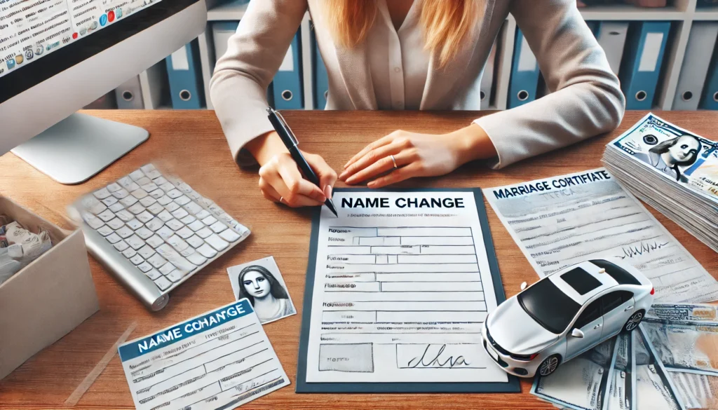 DALL·E 2024 07 02 16.34.35 A realistic image of a woman at a desk filling out a name change form for her car loan with a computer marriage certificate and various documents 1 1 Do I Need to Change My Name on My Car Loan After Marriage?