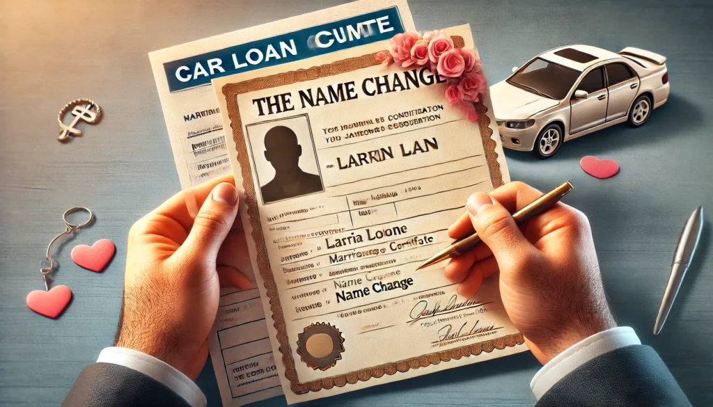 DALL·E 2024 07 02 16.34.44 A close up realistic image of hands holding a car loan document and a marriage certificate side by side highlighting the name change consideration 1 Do I Need to Change My Name on My Car Loan After Marriage?