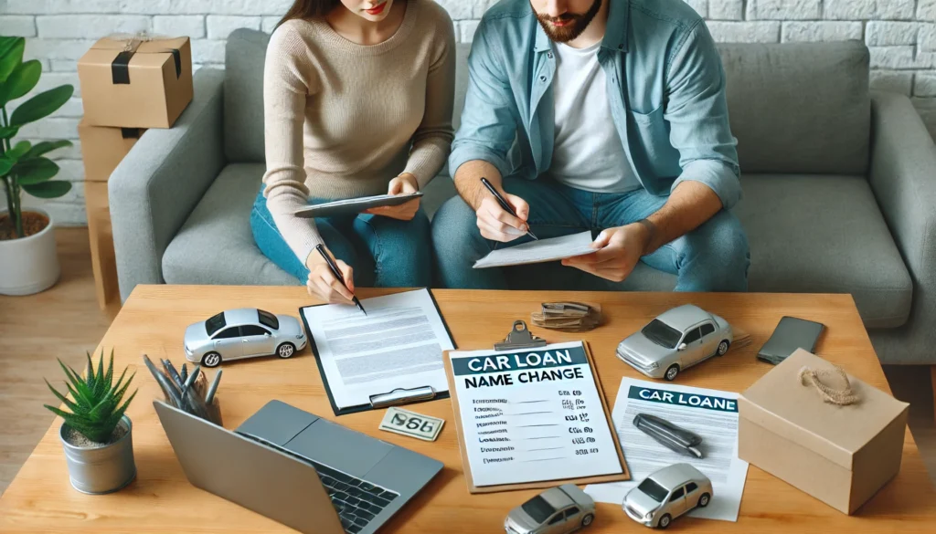 DALL·E 2024 07 02 16.35.09 A realistic image of a couple sitting together reviewing paperwork and documents for a car loan name change with a laptop open and an organized desk Do I Need to Change My Name on My Car Loan After Marriage?