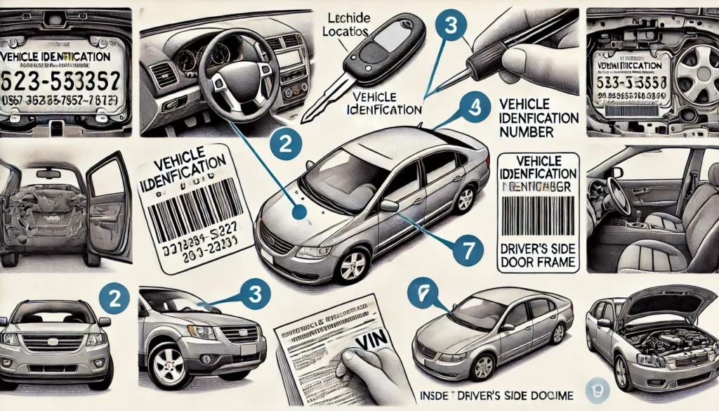 DALL·E 2024 07 04 16.28.45 A detailed image showing different locations where a Vehicle Identification Number VIN can be found on a car. Highlight areas such as the dashboard How to Find Gear Ratio by VIN: A Step-by-Step Guide