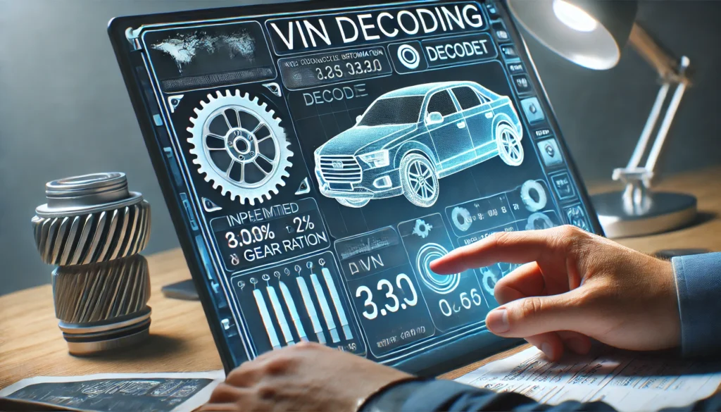 DALL·E 2024 07 04 16.30.35 A detailed image of a computer screen displaying a VIN decoding tool. Show a user inputting a VIN and the tool providing detailed vehicle information 1 How to Find Gear Ratio by VIN: A Step-by-Step Guide