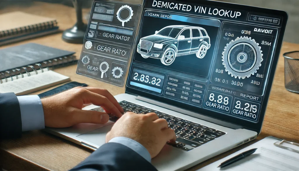 DALL·E 2024 07 04 16.33.50 A detailed image showing a user on a laptop accessing a dedicated VIN lookup service. The screen should display a comprehensive vehicle report includ 1 How to Find Gear Ratio by VIN: A Step-by-Step Guide