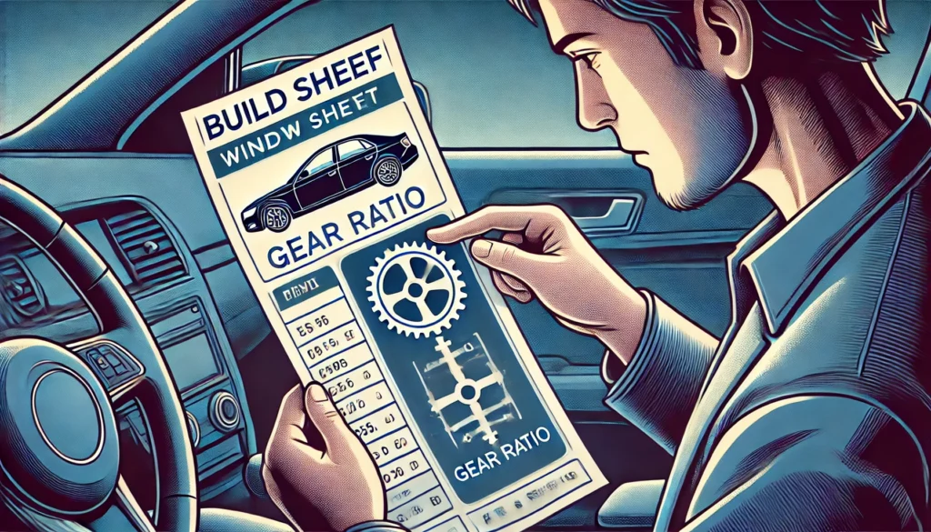 DALL·E 2024 07 04 16.34.16 A detailed image showing a user examining the build sheet or window sticker of a car. The build sheet should clearly list the gear ratio among other v 1 How to Find Gear Ratio by VIN: A Step-by-Step Guide