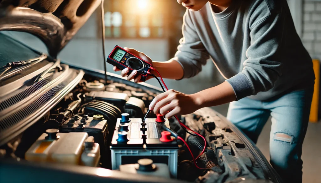 DALL·E 2024 07 11 18.24.46 A person checking the car battery with a multimeter to ensure its health. The car is parked in a well lit garage and the person is focused on the bat 1 How Long Can I Leave My Car in Accessory Mode?