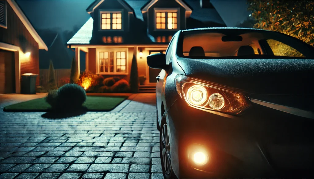 DALL·E 2024 07 11 18.25.00 A car parked in a driveway at night with its interior lights on suggesting it has been left in accessory mode. The house in the background has lights 1 How Long Can I Leave My Car in Accessory Mode?