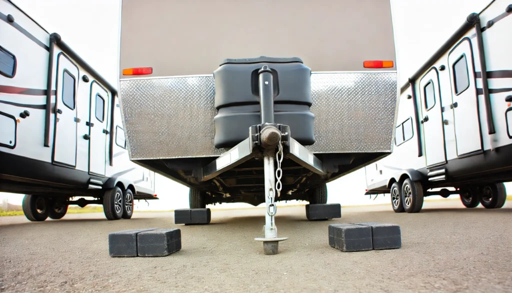 DALL·E 2024 07 11 18.36.38 A dual axle travel trailer parked on a flat solid surface with wheel chocks placed in front of and behind the tires. The trailer has engaged brakes a How to Jack Up a Dual Axle Travel Trailer?