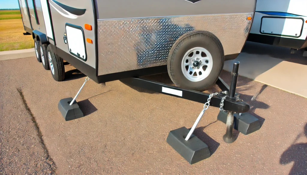 DALL·E 2024 07 11 18.36.39 A dual axle travel trailer parked on a flat solid surface with wheel chocks placed in front of and behind the tires. The trailer has engaged brakes a How to Jack Up a Dual Axle Travel Trailer?