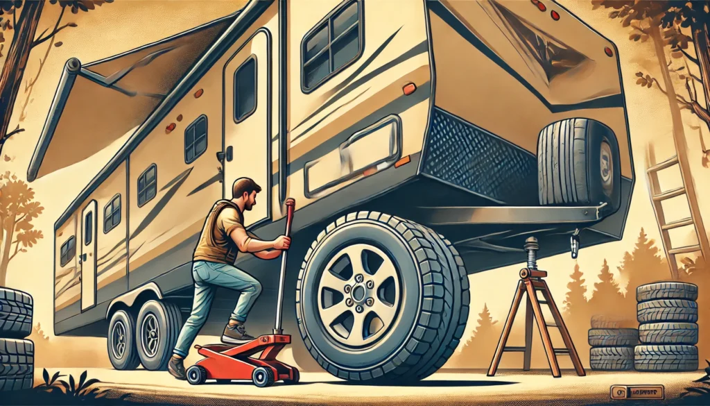 DALL·E 2024 07 11 18.37.45 Image of a person removing a tire from a dual axle travel trailer. The trailer is lifted with a jack and the person is using a lug wrench to remove t 1 How to Jack Up a Dual Axle Travel Trailer?