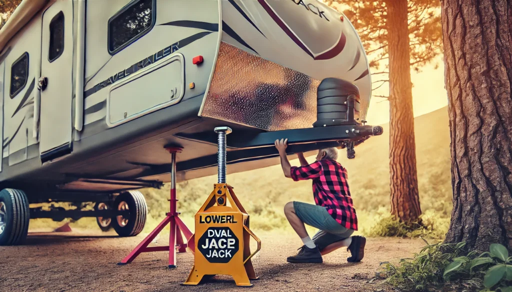 DALL·E 2024 07 11 18.38.23 Image of a person lowering a dual axle travel trailer back down using a bottle jack. The trailer is being carefully lowered and the jack stand has be 1 How to Jack Up a Dual Axle Travel Trailer?