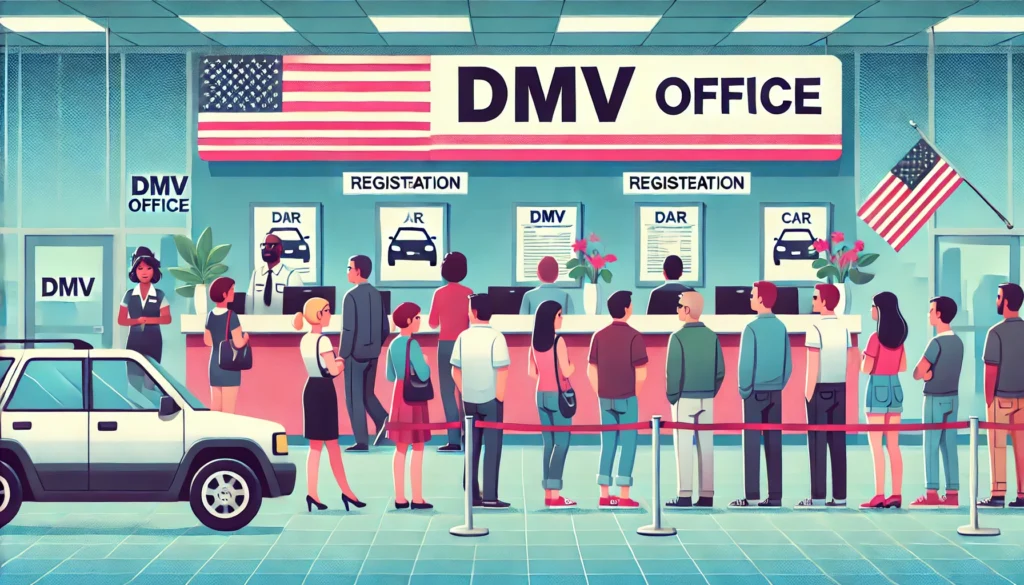 DALL·E 2024 07 17 01.05.05 A typical DMV office with a sign showing people queuing up for car registration services 1 Can You Trade in a Car with Expired Registration?