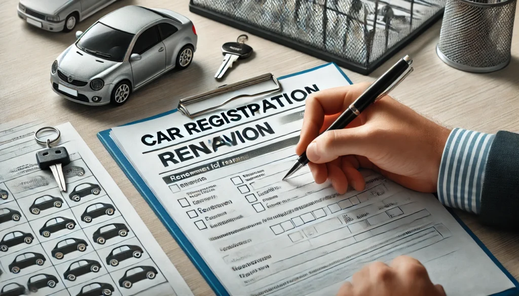 DALL·E 2024 07 17 01.05.33 A car registration renewal form on a desk with a pen showing someone filling it out Can You Trade in a Car with Expired Registration?