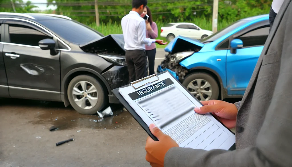 DALL·E 2024 07 18 17.21.27 A car accident scene with two cars involved but showing the driver talking to an insurance agent while holding a policy document. The focus is on the If You Co-Sign A Car Loan, Are You Liable For Accidents? 2024