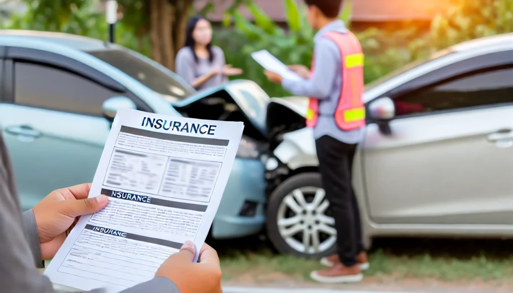 DALL·E 2024 07 18 17.21.29 A car accident scene with two cars involved but showing the driver talking to an insurance agent while holding a policy document. The focus is on the If You Co-Sign A Car Loan, Are You Liable For Accidents? 2024