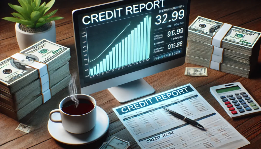 DALL·E 2024 07 19 01.39.01 A realistic image of a computer screen showing a credit report with a significant drop in the credit score. The screen is next to a cup of coffee and 1 1 What Happens If Car Loan Is Not Paid By Maturity Date