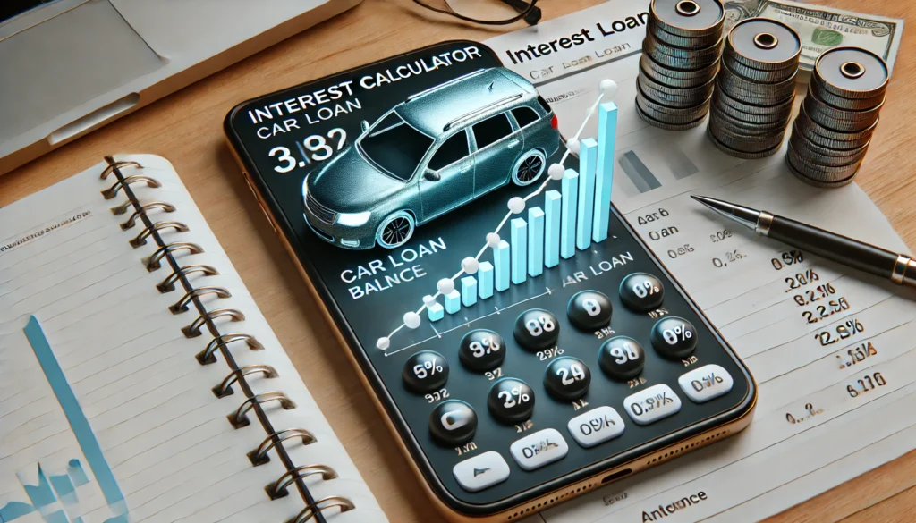 DALL·E 2024 07 19 01.39.24 A realistic image of an interest calculator on a phone screen showing a car loan balance increasing over time. The phone is on a table next to a note 1 What Happens If Car Loan Is Not Paid By Maturity Date