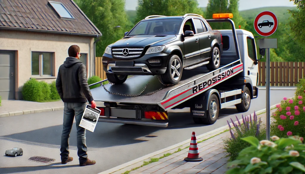 DALL·E 2024 07 19 01.39.44 A realistic image of a tow truck taking away a car from a driveway. The owner is standing by looking distressed and holding a repossession notice 1 What Happens If Car Loan Is Not Paid By Maturity Date