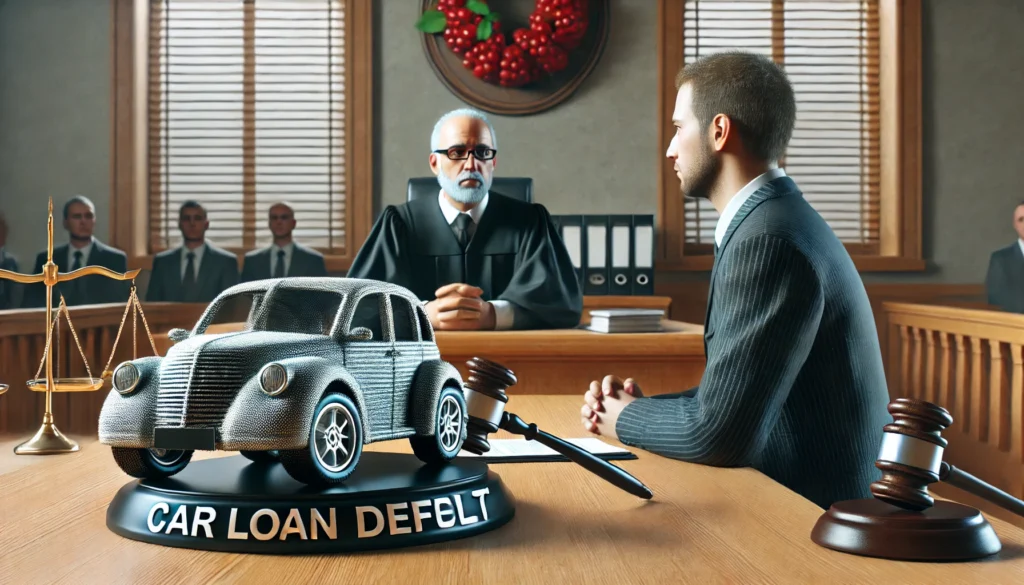 DALL·E 2024 07 19 01.39.59 A realistic image of a courtroom scene with a judge presiding over a case involving car loan default. The person is seated with a lawyer looking con What Happens If Car Loan Is Not Paid By Maturity Date