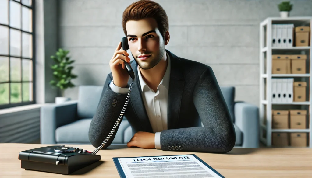 DALL·E 2024 07 19 01.40.21 A realistic image of a person on a phone call with a lender sitting at a desk with loan documents spread out. The person looks calm and engaged in co 1 What Happens If Car Loan Is Not Paid By Maturity Date