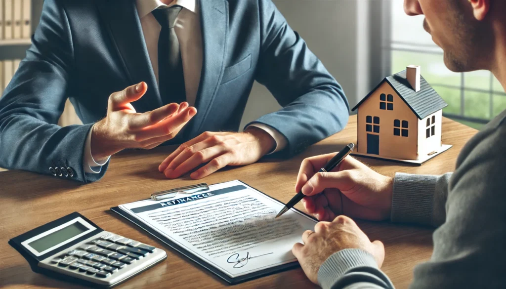 DALL·E 2024 07 19 01.40.34 A realistic image of a person signing a refinancing agreement at a bank with a financial advisor explaining the new terms. The advisor is pointing at What Happens If Car Loan Is Not Paid By Maturity Date