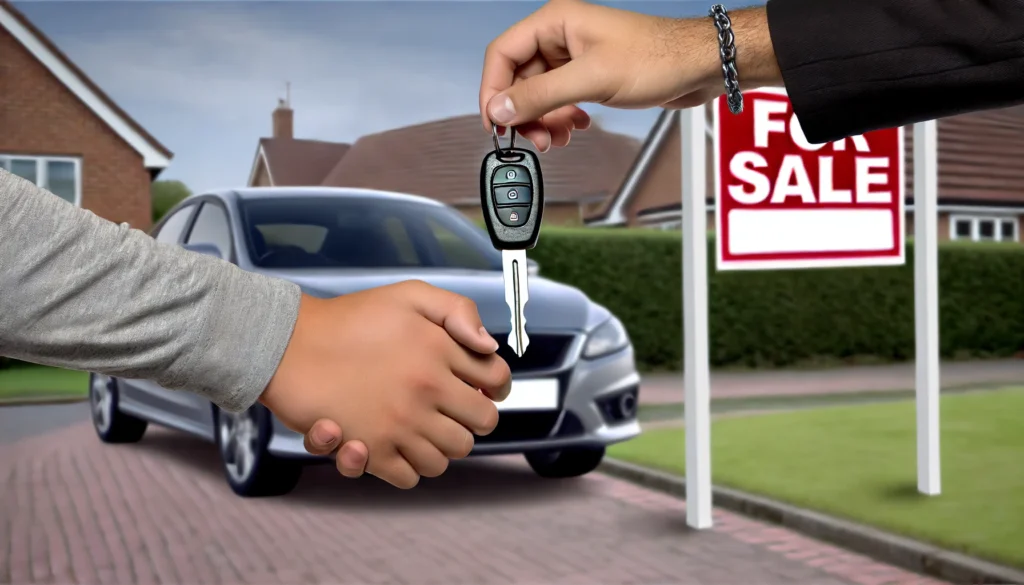 DALL·E 2024 07 19 01.40.44 A realistic image of a person handing over car keys to a buyer with a For Sale sign on the car in the background. The scene shows a driveway and a What Happens If Car Loan Is Not Paid By Maturity Date