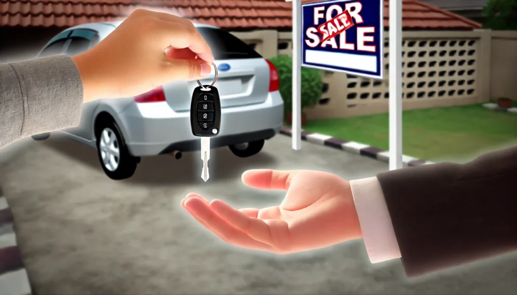 DALL·E 2024 07 19 01.40.46 A realistic image of a person handing over car keys to a buyer with a For Sale sign on the car in the background. The scene shows a driveway and a What Happens If Car Loan Is Not Paid By Maturity Date