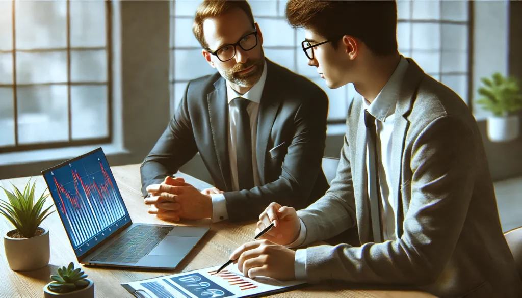 DALL·E 2024 07 19 01.41.15 A realistic image of a person consulting with a financial advisor in an office. The advisor is showing graphs and charts on a laptop and the person i What Happens If Car Loan Is Not Paid By Maturity Date