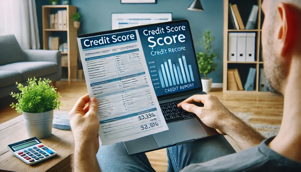 DALL·E 2024 07 19 01.47.23 A person checking their credit score on a laptop. The laptop screen shows a credit score and the person is holding a credit report. The background in How to Get a Car Loan When Self-Employed: A Comprehensive Guide