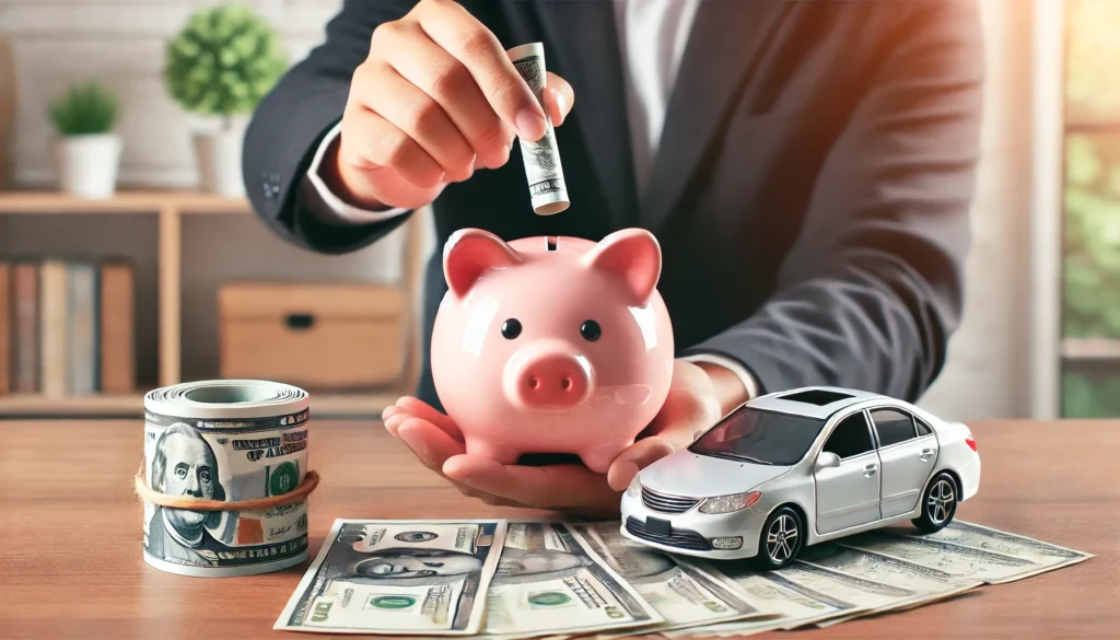 DALL·E 2024 07 19 01.47.44 A piggy bank and a car model on a table with a person placing cash into the piggy bank symbolizing saving for a down payment. The background shows a 1 1 How to Get a Car Loan When Self-Employed: A Comprehensive Guide