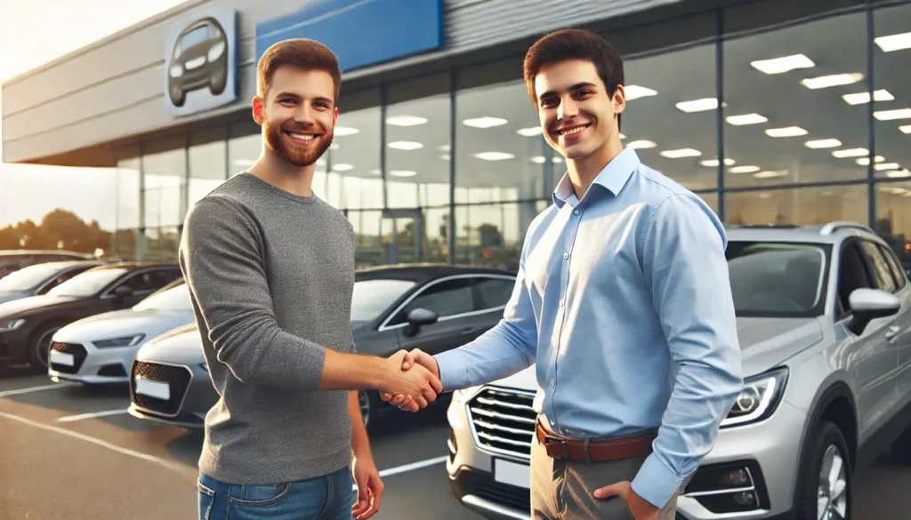 DALL·E 2024 07 19 01.48.57 A person shaking hands with a co signer in front of a car dealership. Both are smiling and the dealership is in the background with a few cars visibl 1 How to Get a Car Loan When Self-Employed: A Comprehensive Guide