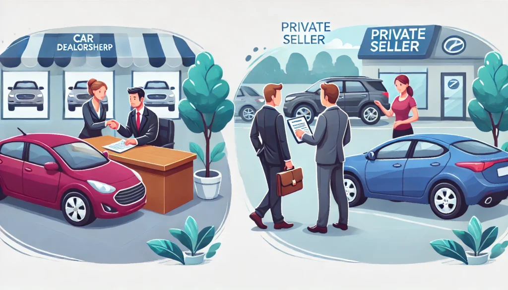 DALL·E 2024 07 19 17.14.56 A scene showing two different car buying experiences on the left a person at a car dealership looking at a car with a salesperson and on the right 1 Why Are Cars on Facebook Marketplace So Cheap?