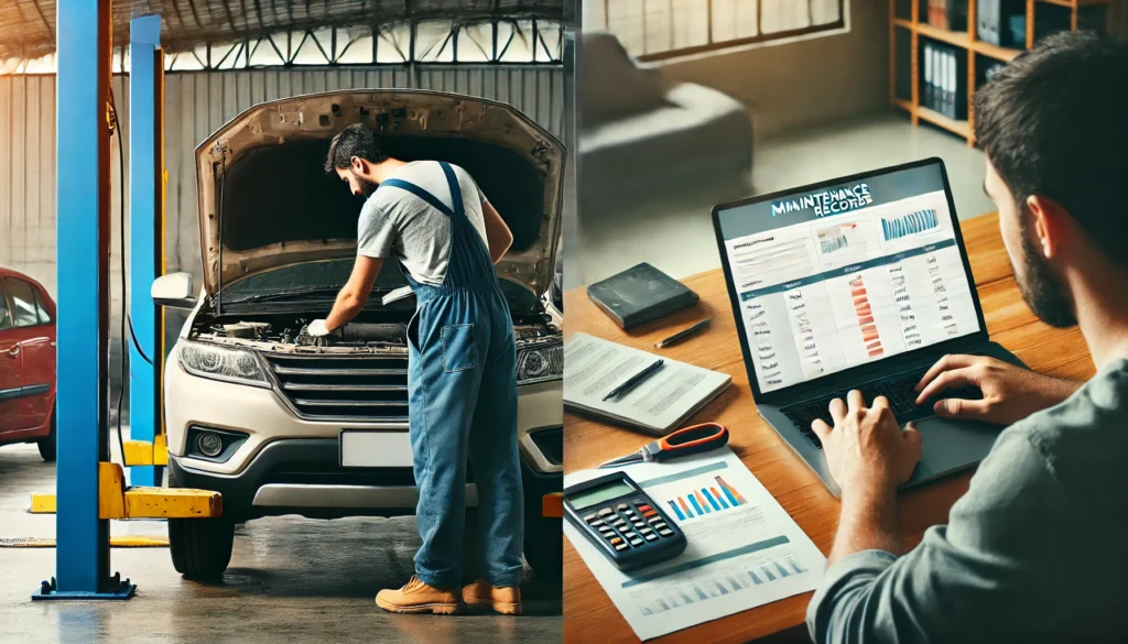 DALL·E 2024 07 19 17.15.13 A split screen image showing a car with a mechanic inspecting it on the left and a person looking at a cars maintenance records on the right. The lef 1 Why Are Cars on Facebook Marketplace So Cheap?