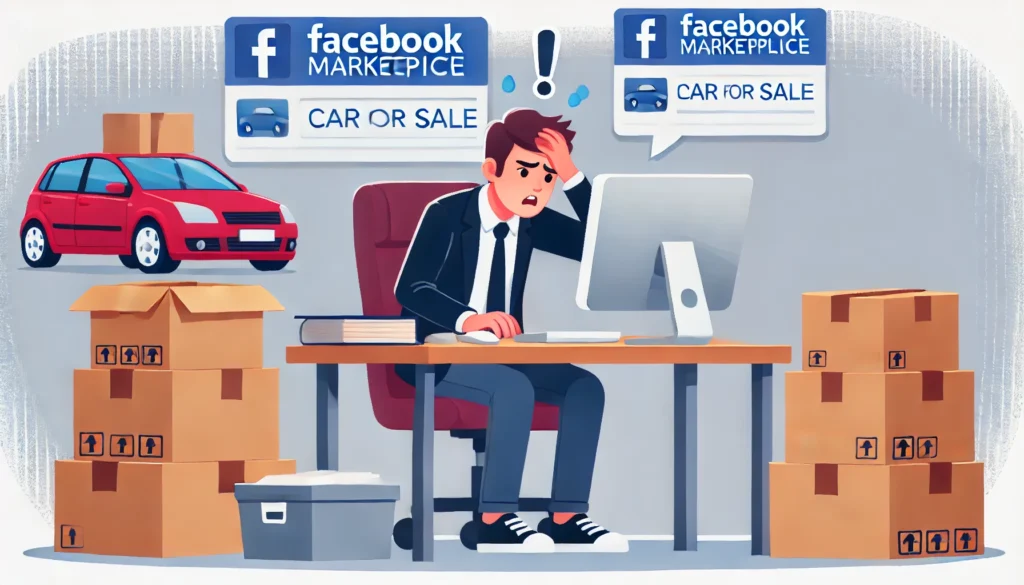 DALL·E 2024 07 19 17.15.27 A scene showing a person urgently posting a car for sale on Facebook Marketplace. The person is sitting at a desk with a computer looking stressed w 1 Why Are Cars on Facebook Marketplace So Cheap?