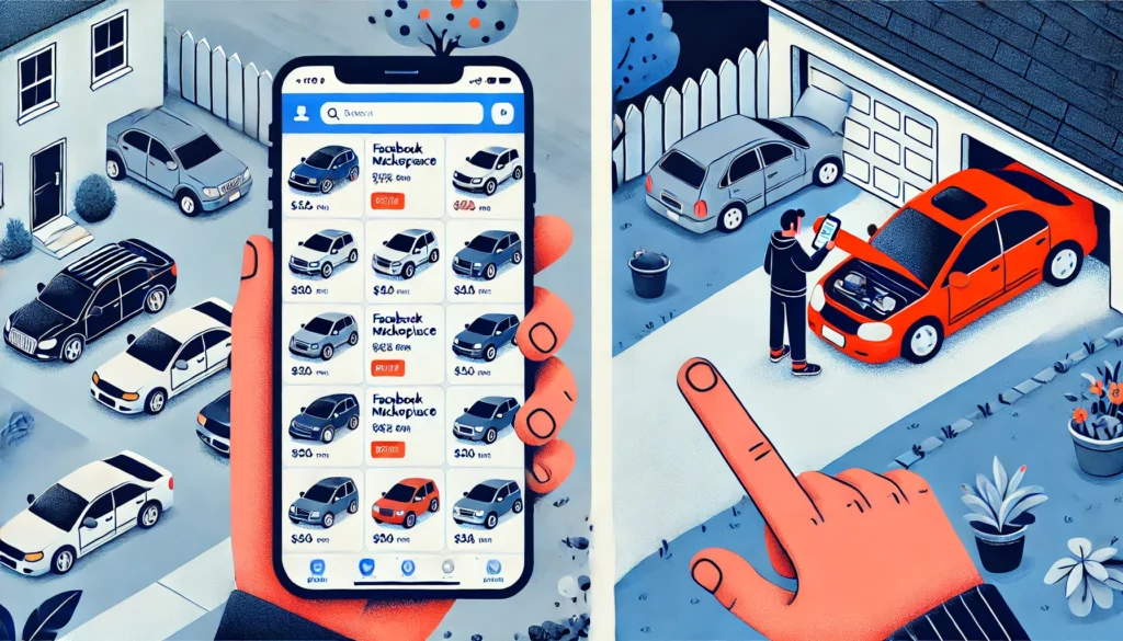 DALL·E 2024 07 19 17.15.44 A split screen image showing two scenarios on the left a person scrolling through multiple car listings on Facebook Marketplace on their smartphone 1 Why Are Cars on Facebook Marketplace So Cheap?