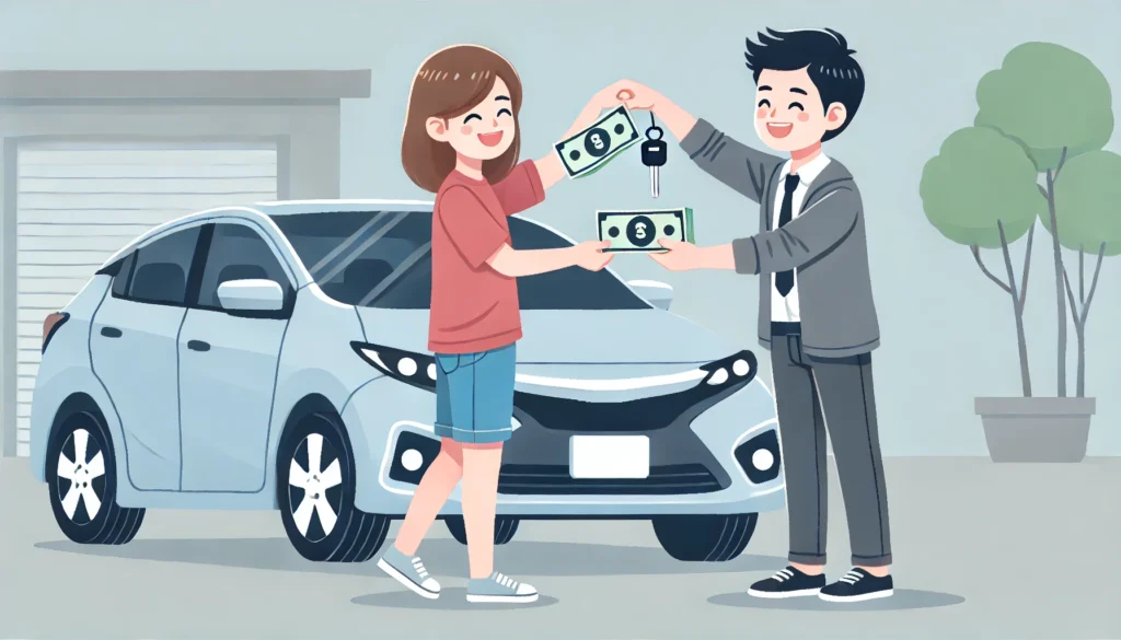 DALL·E 2024 07 19 17.16.01 A scene showing a person looking happy after buying a car from a private seller. The buyer is handing over cash and the seller is handing over the ke 1 Why Are Cars on Facebook Marketplace So Cheap?