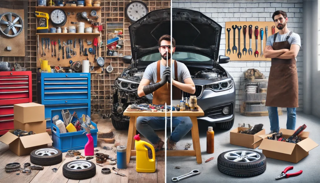 DALL·E 2024 07 19 17.17.08 A split screen image showing two scenarios on the left a DIY enthusiast working on fixing a car in their garage surrounded by tools and car parts 1 1 Why Are Cars on Facebook Marketplace So Cheap?