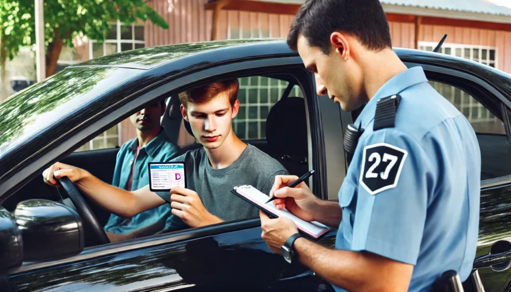 DALL·E 2024 07 19 20.51.27 The young driver showing their learners permit to the police officer through the car window. The officer is holding a notepad listening to the drive What Happens When You Get Pulled Over With a Permit