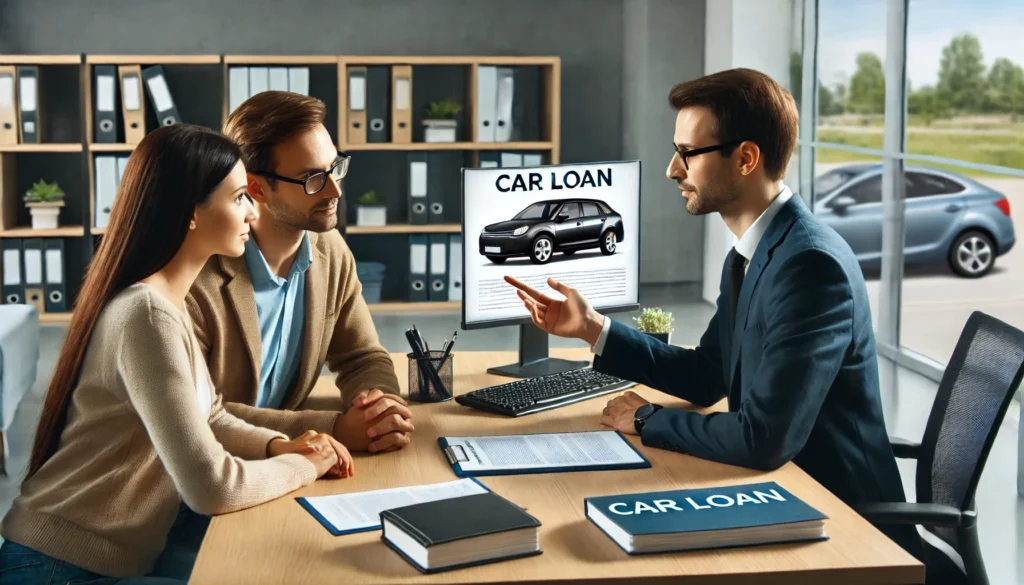 DALL·E 2024 07 20 03.13.31 A lender or bank representative sitting at a desk with a married couple explaining car loan options. The scene is set in a modern bank office with do 1 Can I Use My Spouse's Income for a Car Loan?