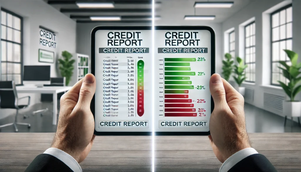 DALL·E 2024 07 20 03.14.02 A split screen image showing two credit reports side by side. One credit report has a higher score with green indicators and the other has a lower sc 1 Can I Use My Spouse's Income for a Car Loan?