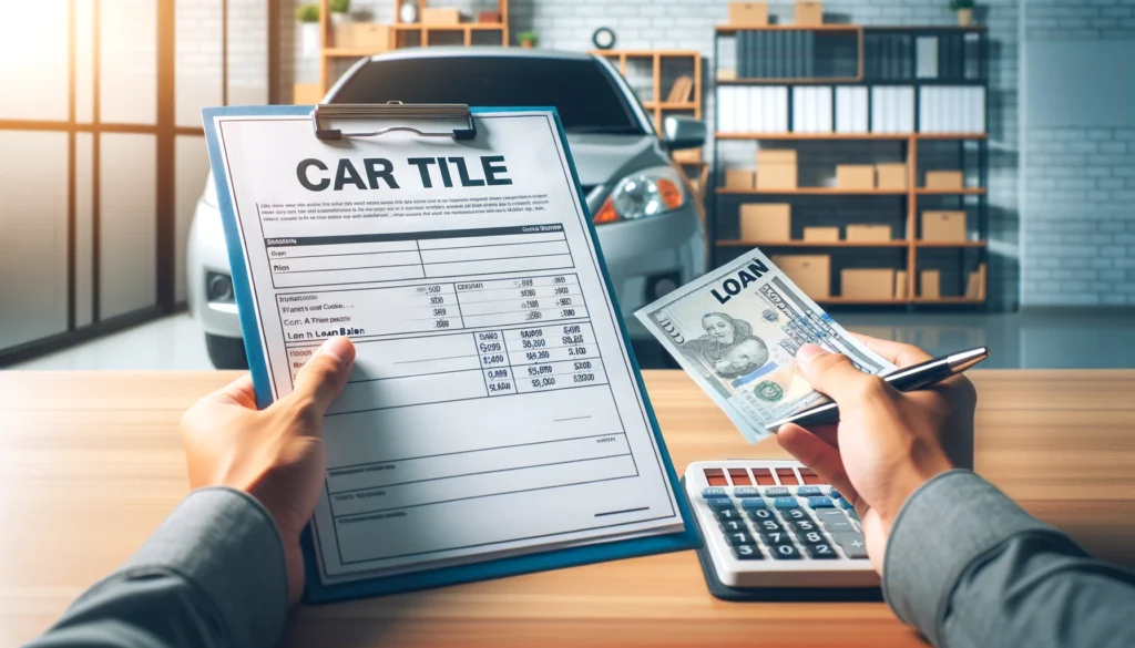 DALL·E 2024 07 20 03.20.51 A person holding a car title document and a balance sheet showing the loan balance in a bright and clear setting. The background includes a car and 1 1 What Happens If You Sell a Car with a Title Loan?