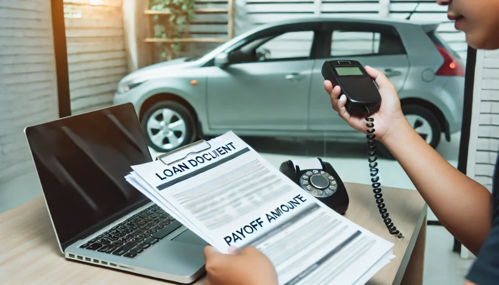 DALL·E 2024 07 20 03.21.54 A person on the phone with a lender holding loan documents and a payoff amount sheet with a car and a laptop in the background. The setting is a hom What Happens If You Sell a Car with a Title Loan?