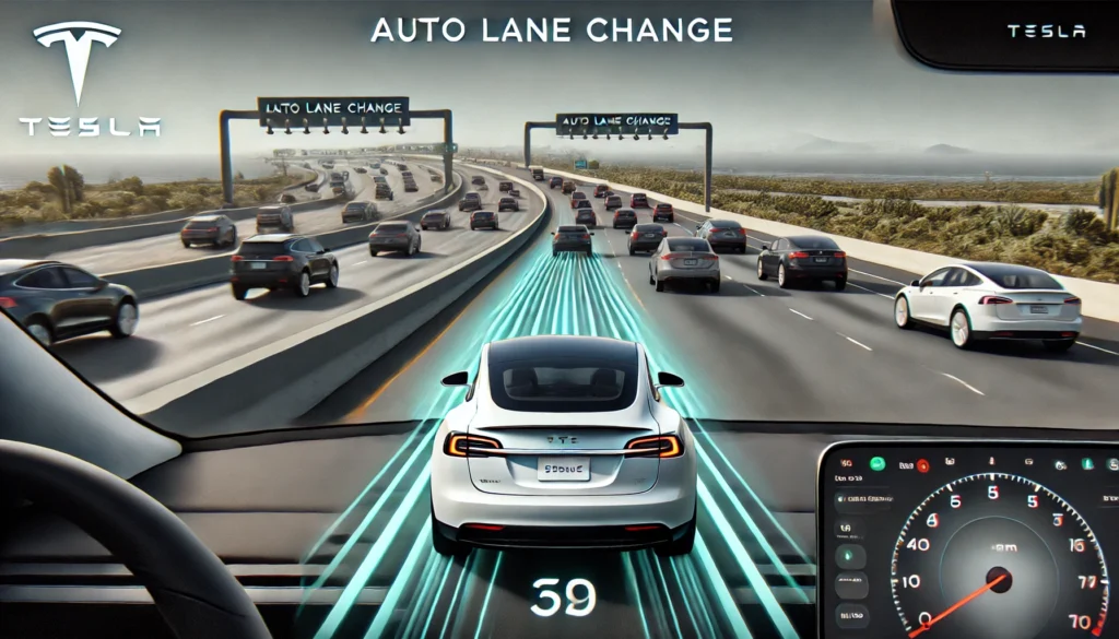 DALL·E 2024 07 28 16.48.57 A Tesla car demonstrating Auto Lane Change on a multi lane highway. The car is signaling and smoothly transitioning from one lane to another with traf The Difference Between Autopilot and Enhanced Autopilot 2024