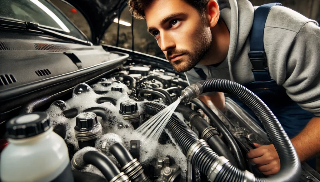 DALL·E 2024 08 01 14.20.53 A mechanic inspecting the vacuum hoses of a cars engine bay with soapy water being sprayed on the hoses. The mechanic has a focused expression and Car Starts Then Dies Immediately Unless I Give It Gas