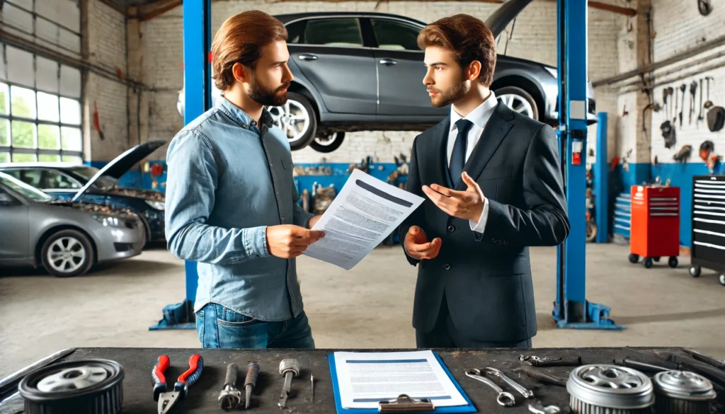 DALL·E 2024 08 06 11.19.01 A car seller talking to a buyer in a garage showing them a mechanics report on the cars condition. The setting includes tools and car parts in the Is it Illegal to Sell a Car with a Blown Head Gasket?