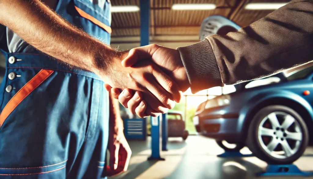 DALL·E 2024 08 06 11.20.00 A close up of two hands shaking symbolizing trust and agreement. The background includes a car and a mechanics shop emphasizing the context of car 1 1 Is it Illegal to Sell a Car with a Blown Head Gasket?