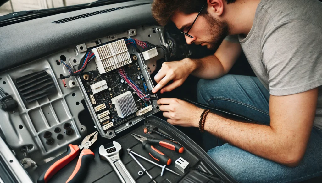 DALL·E 2024 08 06 11.26.21 A person carefully removing the old Body Control Module BCM from behind the glove compartment of a car. Various tools and screws are visible around How Long Does It Take to Replace a Body Control Module?