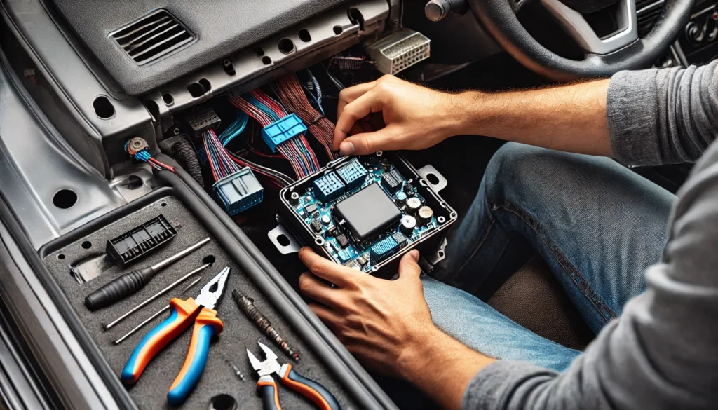 DALL·E 2024 08 06 11.27.03 A person installing a new Body Control Module BCM into the car behind the glove compartment. The scene shows the person carefully positioning the ne How Long Does It Take to Replace a Body Control Module?